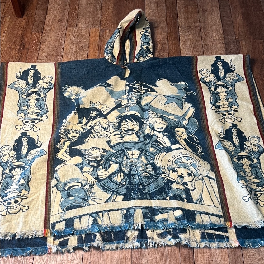One Piece Hooded  Poncho - Navy and Cream Anime Print